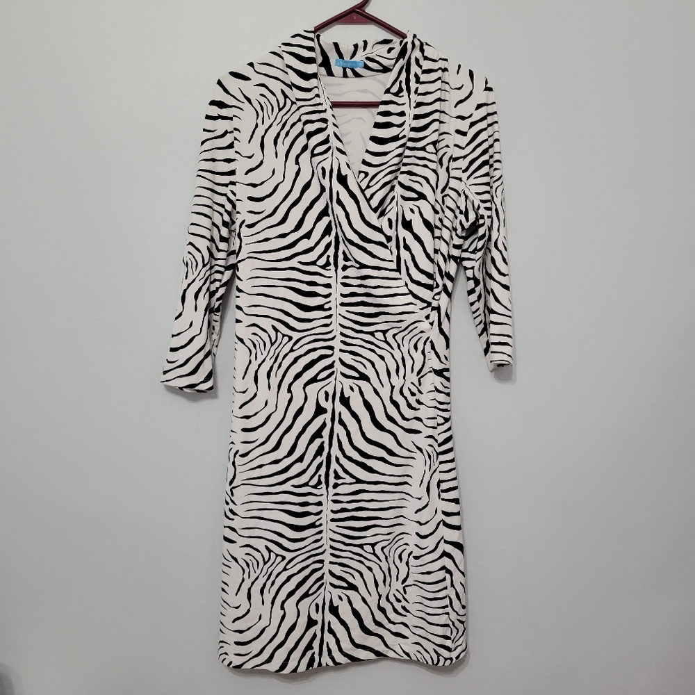 J McLaughlin Faux Wrap Zebra Print Dress Sz M 3/4 Sleeve Surplice Catalina Cloth